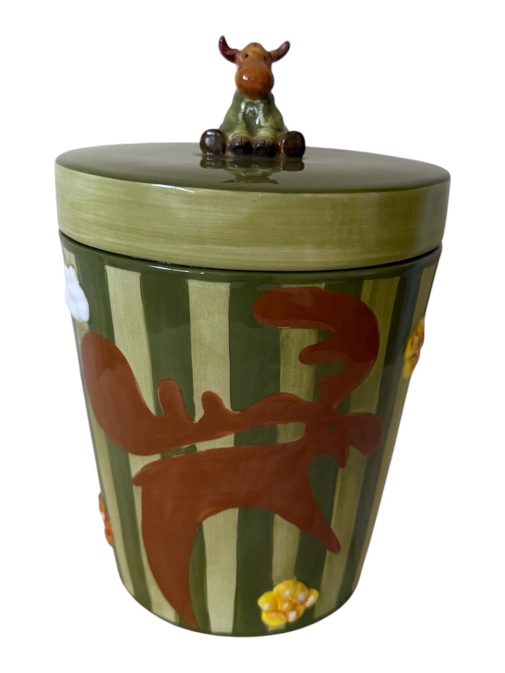 HARRY And DAVID Green MOOSE
Popcorn Cookie Jar marked c 2007
Ceramic sealed lid